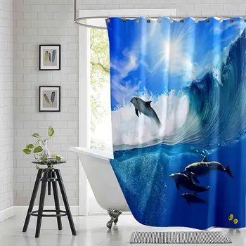 Завеси за душ с игрив делфини, Тропически изглед към океана, модерни завеси за баня от водоустойчив полиестер с принтом и 12 куки