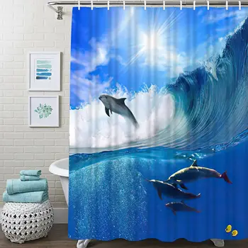 Завеси за душ с игрив делфини, Тропически изглед към океана, модерни завеси за баня от водоустойчив полиестер с принтом и 12 куки