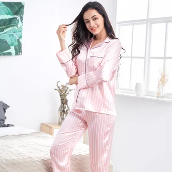 Пижама от изкуствена коприна, дамски нова ежедневни домашни дрехи на райета, комплект тънки панталони с дълги ръкави, която може да се носи отвън