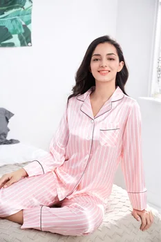 Пижама от изкуствена коприна, дамски нова ежедневни домашни дрехи на райета, комплект тънки панталони с дълги ръкави, която може да се носи отвън