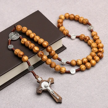 Модни религиозни бижута от Дървени мъниста Огърлица-броеници с кръгли медали T8DE