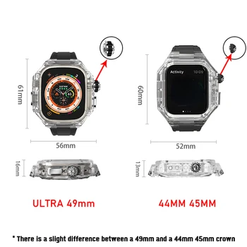 Комплект модификация Glacier За Apple Watch Ultra 49 мм Прозрачен Корпус и Гумена лента iWatch Series 8 7 6 SE 5 4 45 мм 44 мм министерството на отбраната KIT