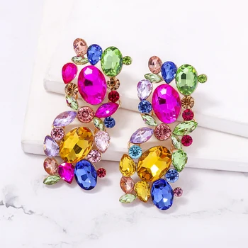 JURAN Преувеличава Цветни обеци с кристали, Европейски стил, Реколта обеци с кристали, Ефектни бижута за жени