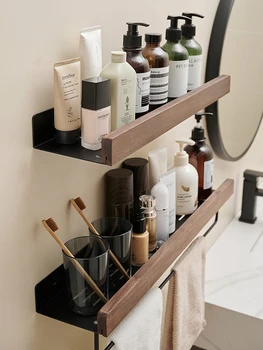Рафтове за съхранение на тоалетни, мивки в банята, мултифункционален съхранение на козметика, монтиран на стената от орехово дърво